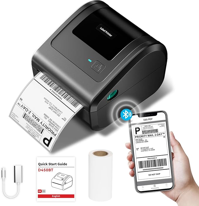Bluetooth Shipping Label Printer, 4x6 Thermal Label Printer for Small Business - D450 Thermal Printer Compatible with Android, iOS, Windows & Mac, Tiktok, Amazon, Etsy, Shopify, UPS,FedEx