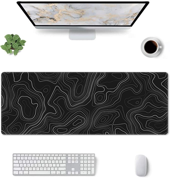 Topographic Map Minimalist Gaming Mouse Pad Desk Mat XL 31.5×11.8 Inch Black Lines Contour Geographic Extended Mousepad 30X80cm with Non-Slip Rubber Base Stitched Edge for Gamer Office Home Work