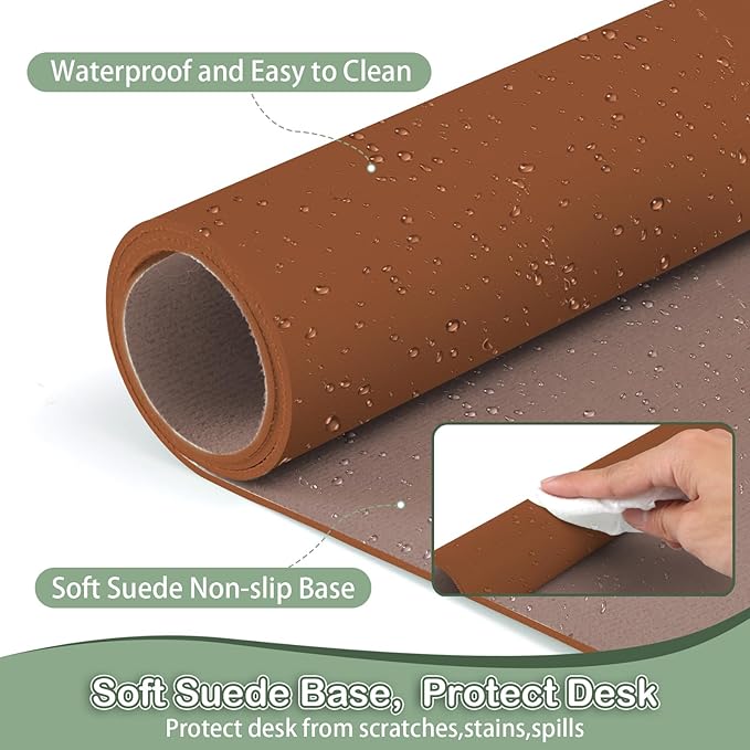 Boutilon Leather Desk Pad Protector,Non-Slip Mouse Pad,Laptop Desk Pad,Office Mouse Mat,Waterproof Leather Desk Blotter,Desk Writing Pad for Office and Home (XL-Brown,35.4"x 15.7")