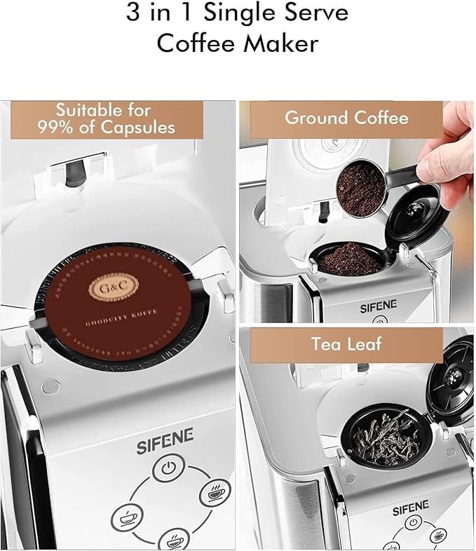 SIFENE 3-in-1 Single Serve Drip Coffee Machine, Compact K-Cup/K-Pod Compatible Brewer for Ground Coffee & Tea, 50oz Removable Water Reservoir, Multiple Brew Sizes, Auto Shut-Off