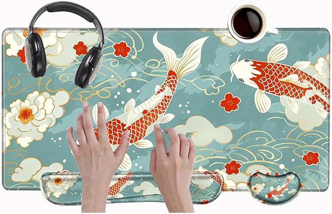 Koi Fish Desk Mat Set Carp Mousepad Gaming Mouse Pad and Keyborad Wrist Rest XXL Desk Pad 31.5" x 15.75" Computer Mat Large Mouse Pads with Wrist Support