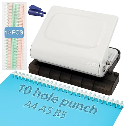 10 Hole Punch Binding Machine Kit for Planner (White) with 10 Multi-Color Spiral Coils, Adjustable A4 A5 B5 Paper Puncher, DIY Notebook Scrapbook Maker for Home Office School Organization