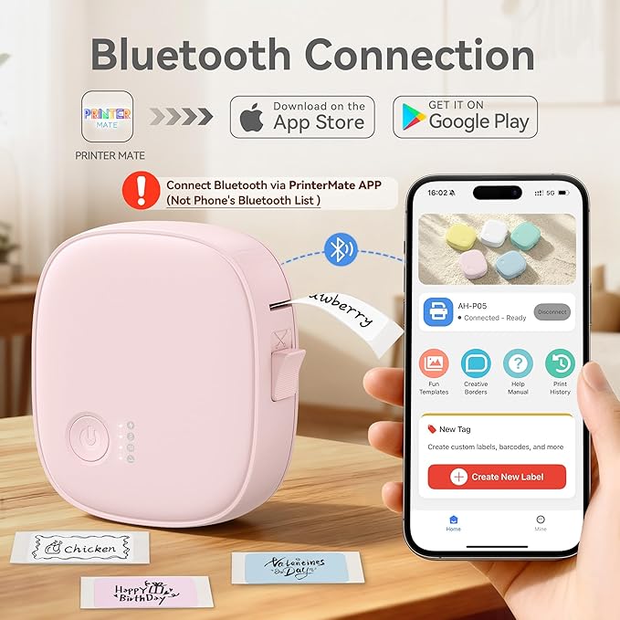 Mini Label Maker Machine with Tape AH-P05 - Portable Bluetooth Mini Label Printer, Wireless Thermal Label Maker, Waterproof & Rechargeable, Built-in Cutter, for Home, Office, Kitchen - Pink