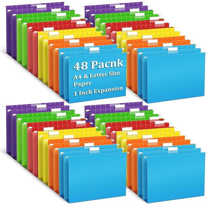 V-Opitos 48 Pack 1 Inch Expansion Hanging File Folders, Letter Size Hanging Folders with 1/5-Cut Adjustable Tab, Extra Capacity Hanging File Folders, Ideal School Classroom, Office Supplies