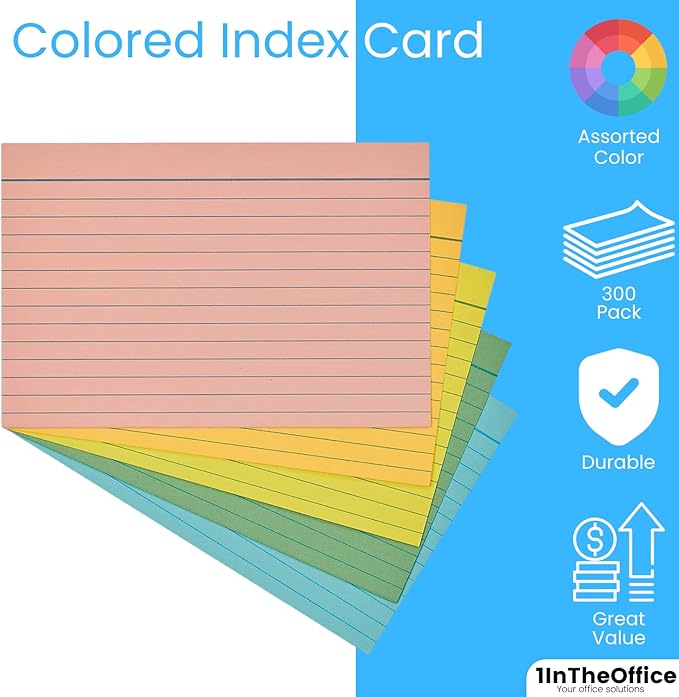 1InTheOffice Index Cards 4x6 Ruled, Pastel Colored Index Cards, Assorted 300/Pack