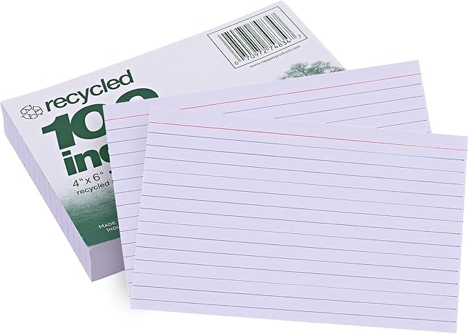 Roaring Spring Recycled Index Cards 4"x6", 100 Count, Smooth 100# White Recycled Index Paper, Ruled on Front, Blank on Back