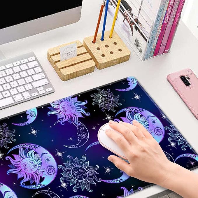 XL Sun Moon and Stars Desk Mat for Gaming and Keyboard Mice, 31.5 x 11.8 Inch Extended, Thin
