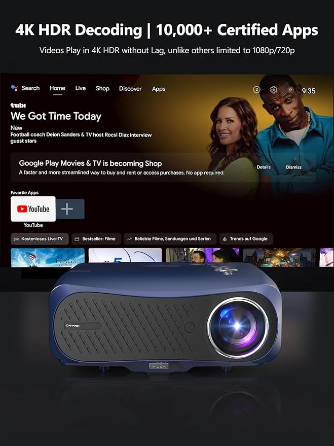 4K HDR Gaming Projector with Google TV, 2200 ANSI LED Proyector Daylight, 60Hz Low Latency Console Ready, HDMI ARC & DB Audio, WiFi6 Bluetooth, Auto Focus/Keystone, Ceiling Mount for Esports Streaming