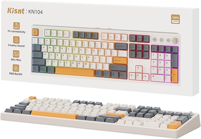 KN104 Wireless Mechanical Gaming Keyboard, 100% Full Size 104 Keys with Number Pad, Custom RGB Backlit, Creamy Sound, Hot Swappable, Bluetooth/2.4GHz/USB-C for Win/Mac/PC (Retro Beige)
