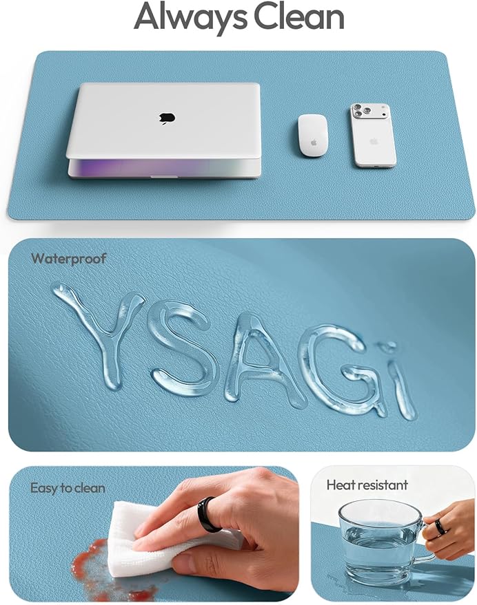 YSAGi Leather Desk Protector, Office Mat, Large Mouse Mat, Non-Slip PU Leather Blotter, Laptop Desk Pad, Waterproof Writing Pad for Office and Home (Sea Blue, 23.6" x 13.8")