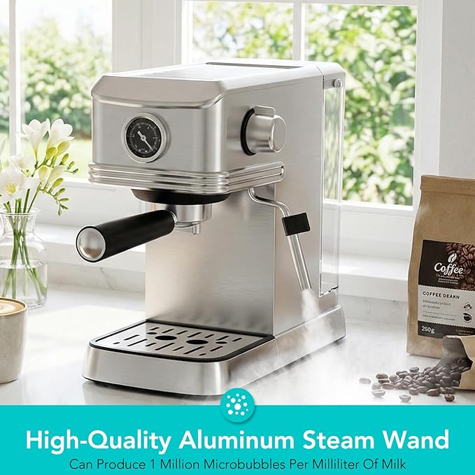 Electactic Espresso Machine 20 Bar, Stainless Steel Espresso Maker with Aluminum Steam Milk Frother, Compact Coffee Machine with 45oz Removable Water Tank, for Cappuccino,Latte&Cold Brew Home&Office