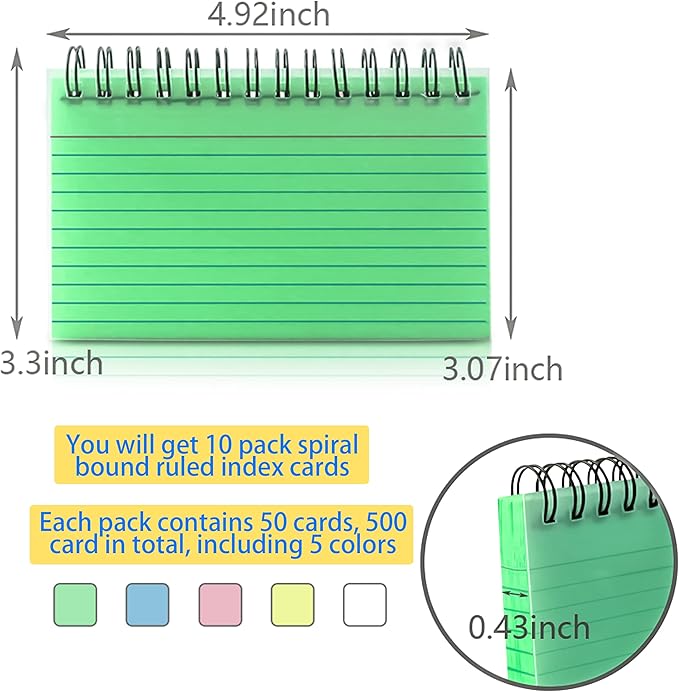 MotBach Colorful 500 Pcs Spiral Index Cards 3x5 Inch Flash Cards with Ring Lined Note Card Book Flashcards, Colored Ruled Card Pad Index Note Books 3 x 5 Notecards for Studying School Supply College