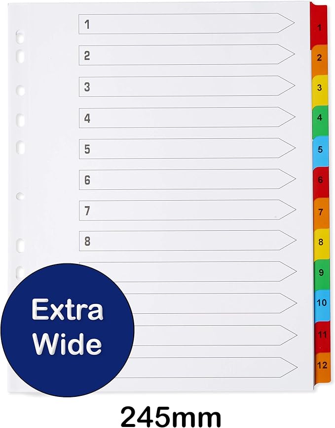 [10 Pack] Binder Dividers with Tabs A4 Extra Wide Numbered 1-12 Tabs | Dividers for 3 Ring Binder | for Organization Pages in 3 Ring Binder Dividers with tabs - The Paper Shop