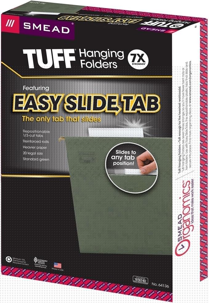 Smead TUFF Hanging File Folder with Easy Slide Tab, 1/3-Cut Sliding Tab, Legal Size, Standard Green, 20 per Box (64136, Rod Color May Vary)