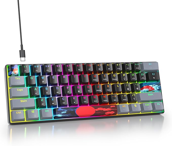 60% Mechanical Keyboard 61-Key Wired Gaming Keyboard with Blue Switch RGB Lighting Effect PBT Keycaps Ultra-Compact Mini Keyboard Suitable for Win/Mac(61 Dark)