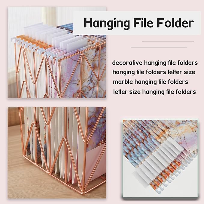 12 Pack Hanging File Folders Filing Cabinet Organizer Letter Size 1/5 Cut Adjustable Tabs Decorative for Home Office School Classroom,Marble