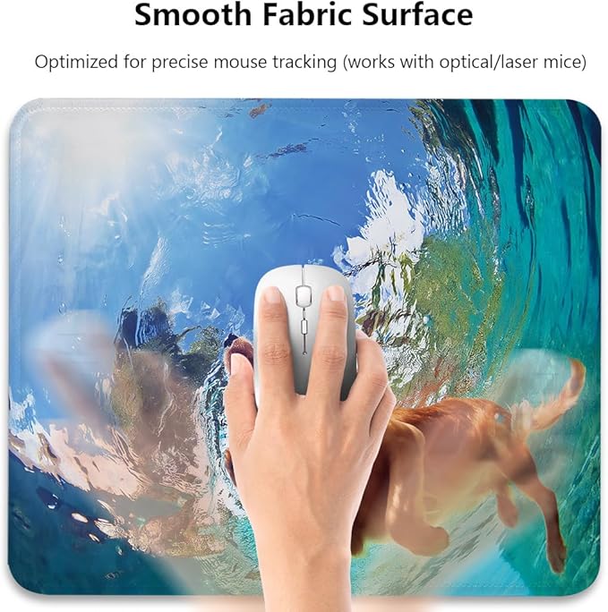 Labrador Underwater Mouse Pad 9.5"x 7.9", Reinforced Stitched Edges, Durable Anti-Slip Gaming & Office Mat Desk Decor, Funny Puppy Blue Waters Cute Happy Golden Retriever Swimming in Pool