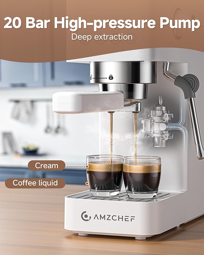AMZCHEF Espresso Machine 20 Bar, Compact Espresso Maker with Steam Milk Frother, Coffee Maker with 50oz Removable Water Tank for Home, Coffee Machine for Cappuccino, Latte, Americano, 1350W