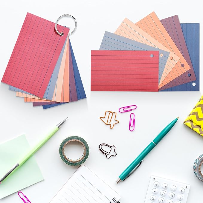 Epakh 300 Pieces Lined Index Cards 180 GSM Thick Flash Cards with Rings Notecards Punched Back to School for Studying Adults Home College Office(3 x 5 Inch,Novel Colors)
