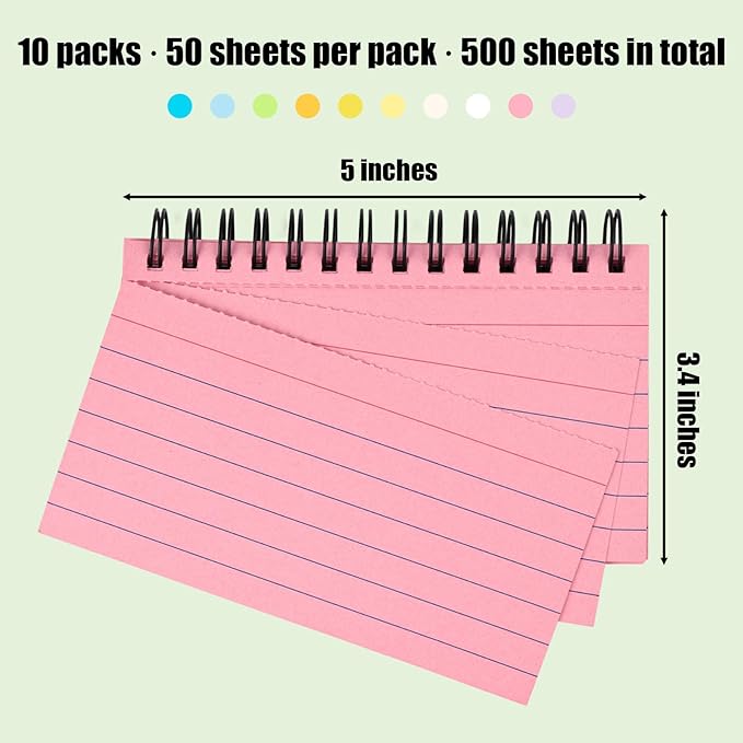 Koogel 500PCS Colored Index Cards 3x5, Spiral Index Cards with Rings for Back to School, Lined Ruled on both Side Heavy Notecard Flashcard for Studying Nursing College Taking to Do List,10 Colors
