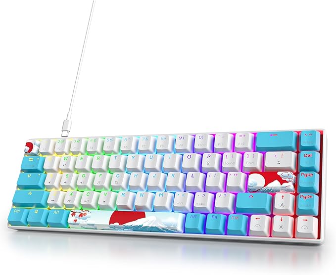 65% Mechanical Keyboard 68-Key Wired Gaming Keyboard with Blue Switch RGB Lighting Effect PBT Keycaps Ultra-Compact Mini Keyboard Suitable for Win/Mac(68 Sea)