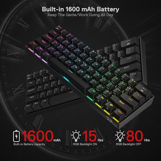 Redragon K530 Pro Draconic 60% Wireless RGB Mechanical Keyboard, BT/2.4Ghz/Wired 3-Mode 61 Keys Compact Gaming Keyboard w/Hot-Swap Socket, Free-Mod Plate Mounted PCB & Tactile Brown Switch