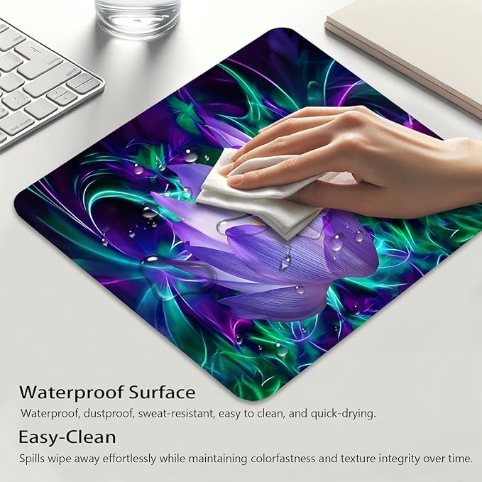 Abstract Modern Neon Lotus Painting Purple Anti-Slip Gaming & Office Mouse Pad with Stitched Edges 9.5 x 7.9 Inch, Glowing Flowers Blossom Art Durable Smooth Fabric Surface Desk Mat