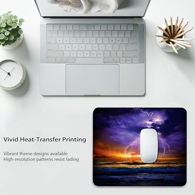 Anti-Slip Base Gaming & Office Mouse Pad with Stitched Edges 9.5 x 7.9 Inch - Nature Epic Thunder and The Storm on The Sea Wave Horizon Bad Weather Atmosphere, Durable Smooth Fabric Surface Desk Mat
