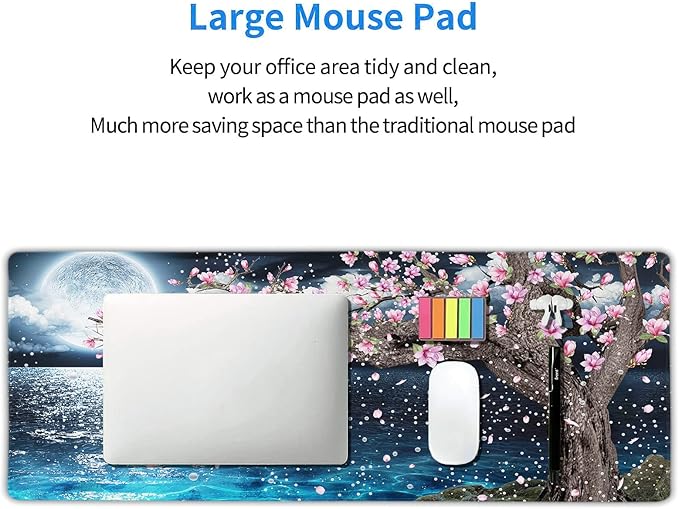Japanese Pink Floral Gaming Mouse Pad XL Sakura Cherry Blossom Magnolia Tree Blue Ocean Moon Night Extended Big Large Desk Mat Non-Slip Rubber Base Stitched Edge Long Keyboard Mousepad 31.5×11.8 in