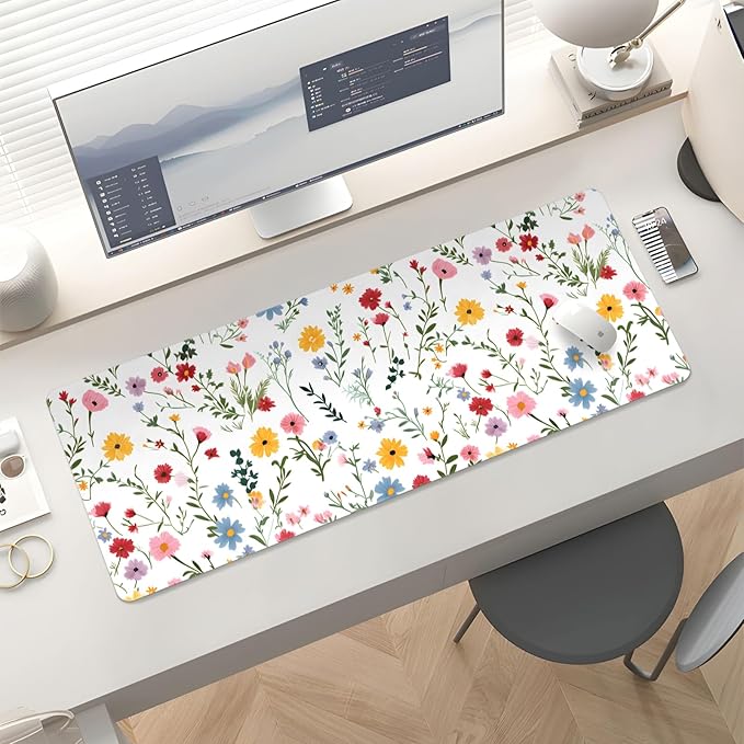 Mousepad Desk Mat Gaming Large Keyboard Cute Office Desktop Computer Laptop White Floral XXL Long Big Kawaii Aesthetic Girly Pretty Design Women Girl Gamer Oversized Wide 30x12'' Mousepad