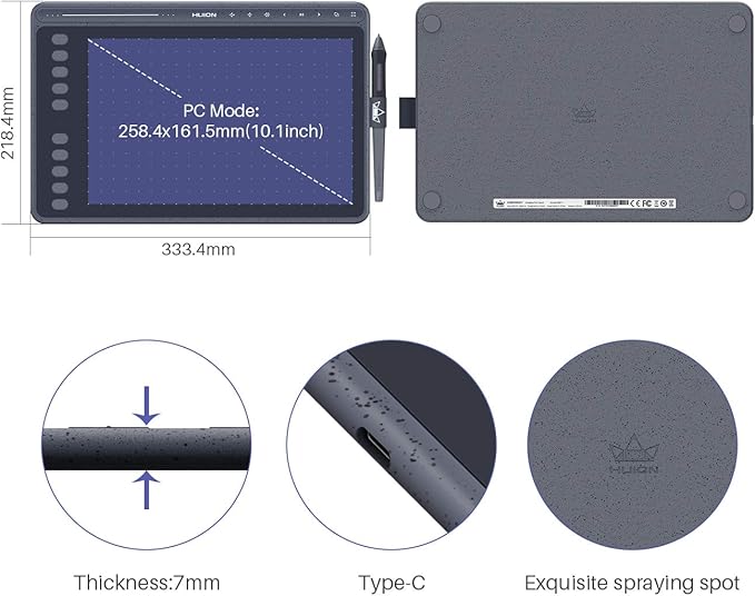 HUION HS611 Graphics Drawing Tablet Android Support Digital Art Tablet with Battery-Free Stylus 8192 Pen Pressure Tilt 8 Multimedia Keys 10 Hot Keys and Touch Ring, 10x6 inch Drawing Pad, Space Grey