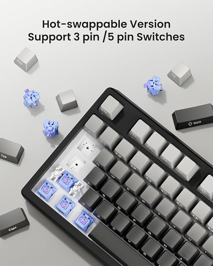 KN85 Wireless Mechanical Gaming Keyboard, 75% Layout with RGB Backlit, Custom Hot Swappable, Creamy Sound, Bluetooth/2.4GHz/USB-C Compatible with Windows/Mac/PC(Gradient Gray, Side Printed)