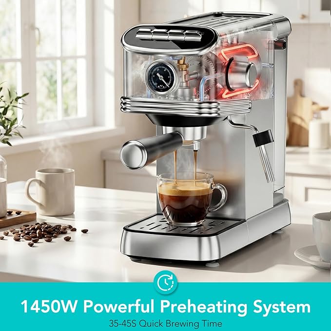 Espresso Machine 20 Bar, Stainless Steel Espresso Maker with Stainless steel Steam Milk Frother, Compact Coffee Machine with 45oz Removable Water Tank, for Cappuccino,Latte&Cold Brew Home&Office