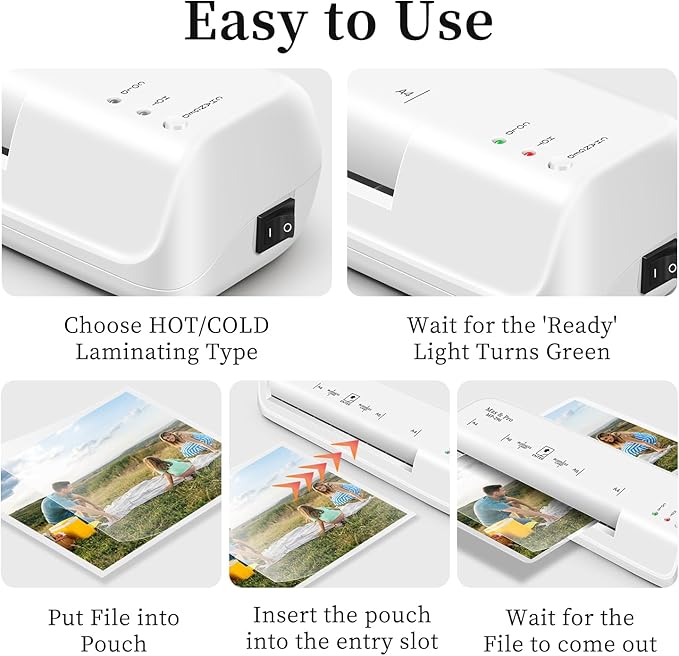 9 Inch Thermal Laminator with 40 Laminating Sheets, Small Desktop Laminator Machine for Home Office School Teachers, Hot/Cold, 3mil/5mil, Anti Jam, A4/Letter/Photos/Cards, White Laminator by Mas & Pro