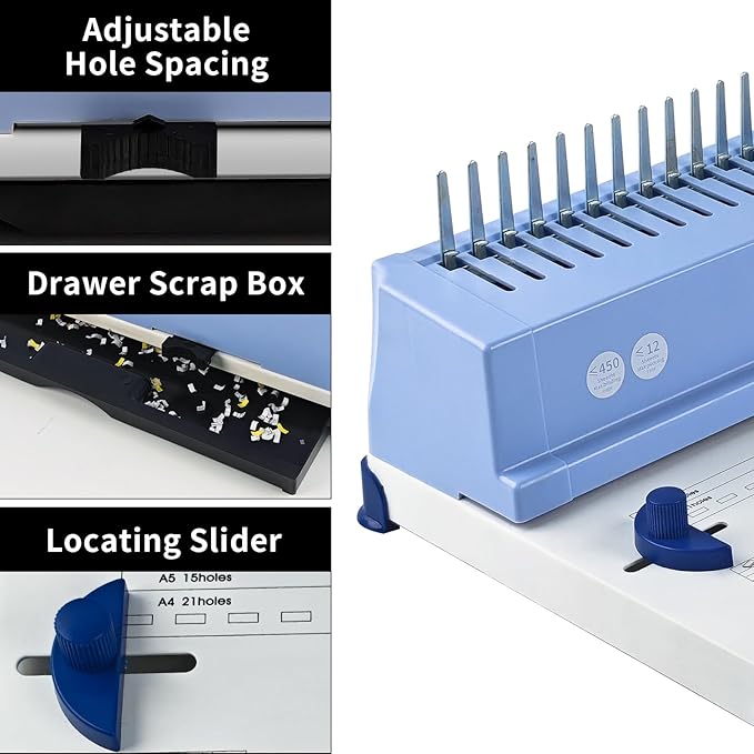 Comb Binding Machine, 21-Hole, 450 Sheets Capacity, Punch up to 12 Sheets, Punch Comb Binder Machines for Letter Size A5/A4 Paper with 100pcs 1/4" Binding Spines