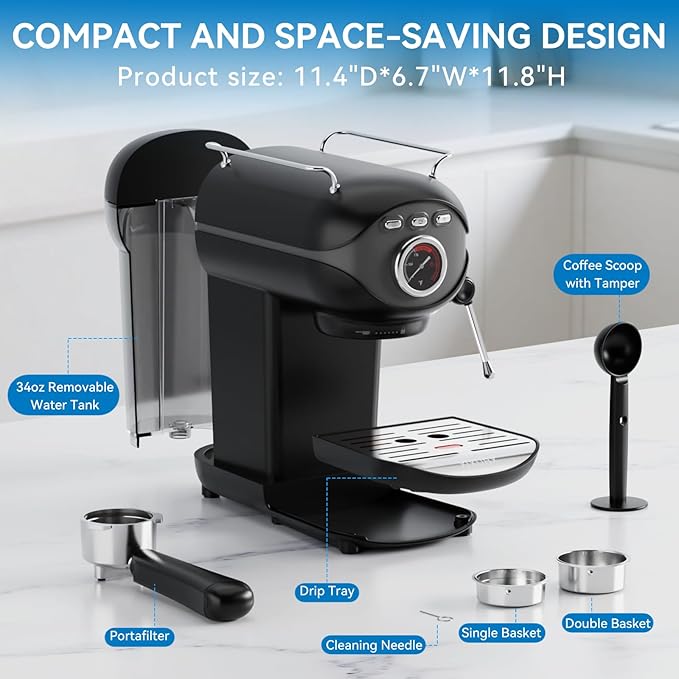 XIXUBX Espresso Machine, 20Bar Compact Espresso Maker with Milk Frother, PID Temperature Control, Low Vibration Coffee Maker for Small Kitchen, Home, Brews Latte, Cappuccino