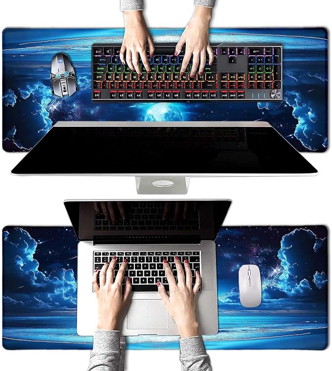 Blue Full Moon Sea Beach Large Mouse Pad, Desk Mat Computer Keyboard Pad Non-Slip Rubber Base Waterproof with Stitched Edges for Laptop Gaming, Office & Home 31.5 x 11.8 Inch