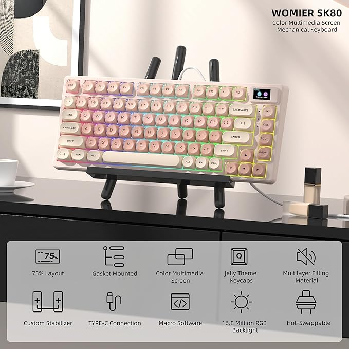 Womier SK80 75% Foundation Mechanical Gaming Keyboard with Color Multimedia Display Pink Creamy Keyboards, Jelly Keycaps Hot Swappable RGB Wired Key Board Pre-lubed POM Switch for Mac/Win, Pink