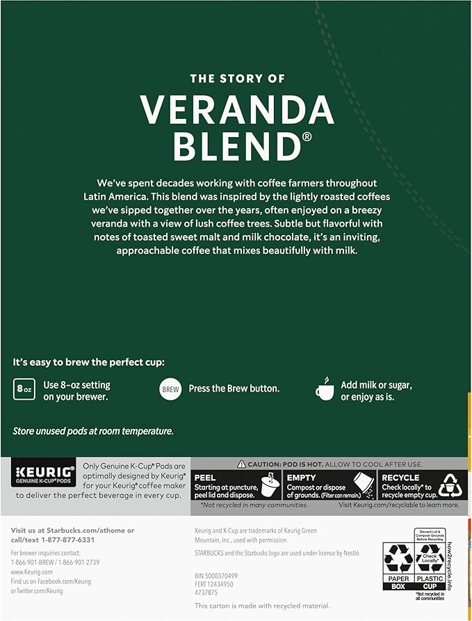 Starbucks K-Cup Coffee Pods, Starbucks Blonde Roast Hot or Iced Coffee, Veranda Blend, 96 Keurig Pods