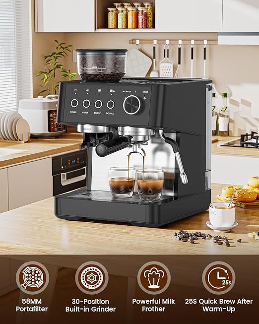 (2026 Upgrade) 15 Bar Espresso Machine with Built-in Anti-Clog Coffee Grinder, Expresso Coffee Machines with Milk Steam Wand/Frother/Tamping Tools,Espresso Maker with Grinder for Lattes-Sleek Black