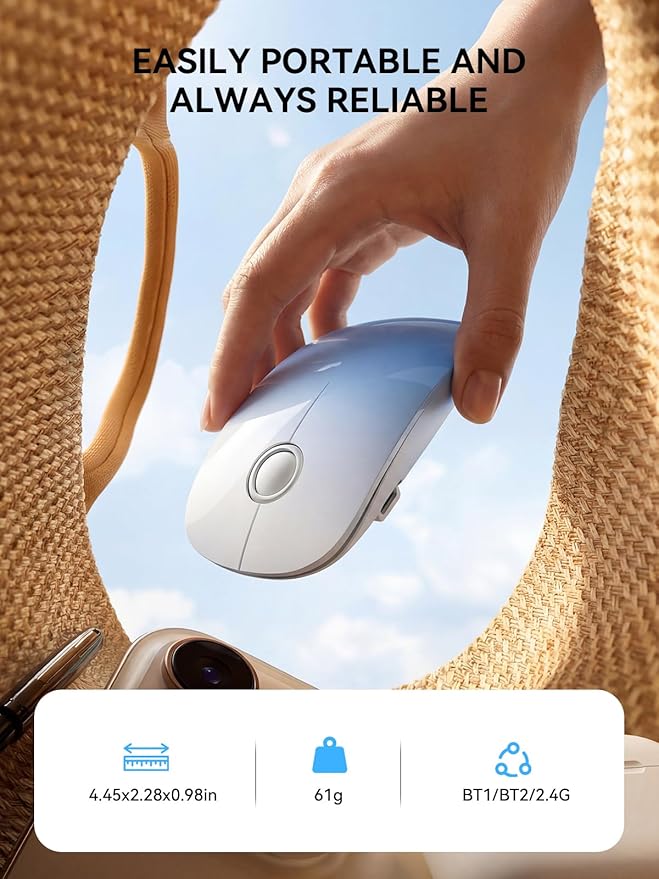 RAPIQUE R306 Pro Wireless Mouse, Bluetooth & 2.4G, Triple-Device Connection, Type-C Rechargeable, Silent Click, Smooth Scroll, Lightweight Slim Design for Laptop, Tablet & MacBook - Sky Blue Gradient
