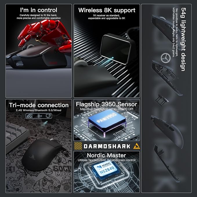 Darmoshark M3PROMAX Wireless Gaming Mouse,Tri-Mode 2.4G/USB-C/Bluetooth Mouse Up to 30000DPI,PAW3950 Optical Sensor Lightweight 54g,7 programmable Button,Computer Mouse for Laptop,PC,Windows,Mac