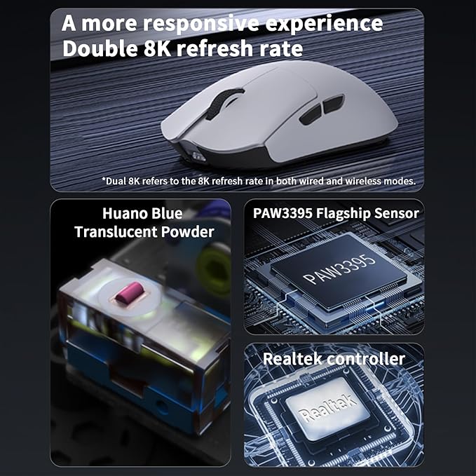 Darmoshark M3V2 8K Wireless Gaming Mouse,Tri-Mode 2.4G/USB-C/Bluetooth Mouse Up to 26000Dpi,PAW3395 Optical Sensor Lightweight 58g,5 programmable Button,Computer Mouse for Laptop,PC,Windows,Mac(Green)