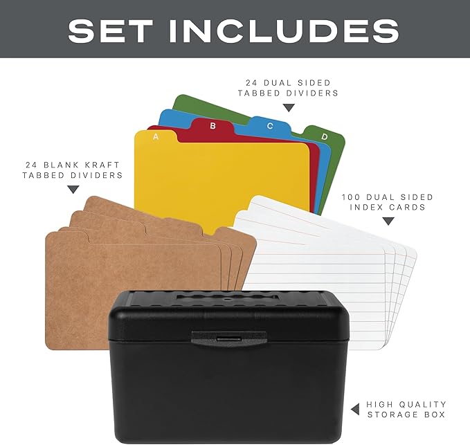 3x5 Index Card Holder Set | 100 Ruled Index Cards 3x5, 24 Color Alphabet Tab Dividers, 24 Blank Customizable Kraft Dividers