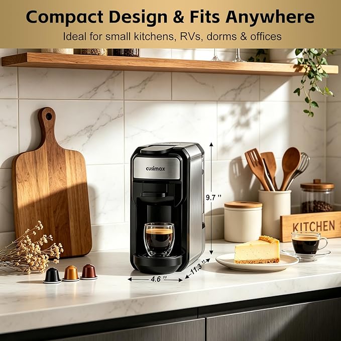 CUSIMAX Espresso Machine Single Serve Coffee Machine Compatible with Nespresso Pods, Adjustable Brewing Size, 19Bar Coffee Maker, Stainless Steel Espresso Maker with 20oz Remevable Water Tank