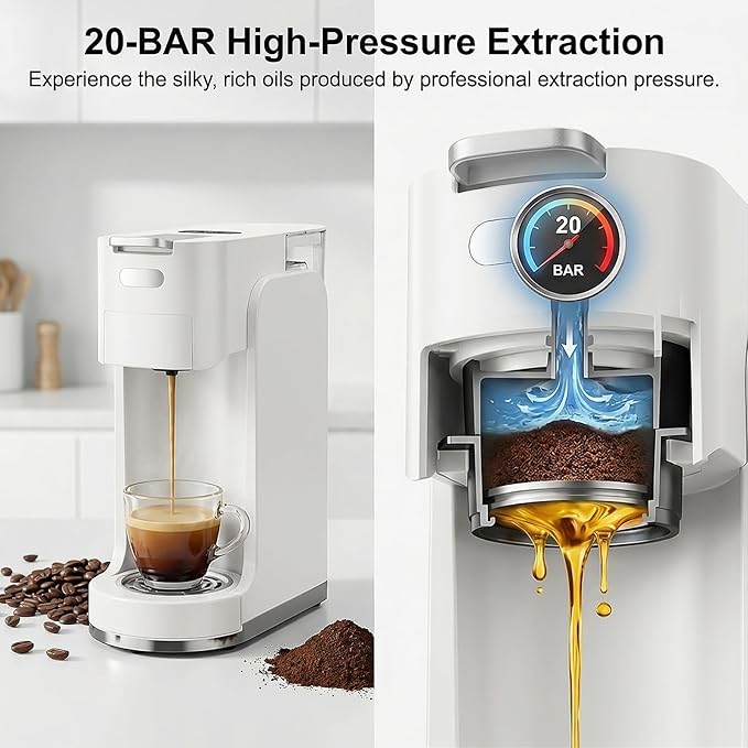 Single-Serve Coffee Maker, 4 in 1 Hot and Iced Coffee Machine, 20-Bar Espresso Coffee Maker for Ground Coffee, K-Cup Pod, NES Original and DG Pod, Customizable Brew Volume, Heats up in 3 seconds