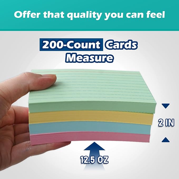 Colored Lined Index Cards 3x5 Ruled Note Cards 200 Count, Pastel Pink Green Yellow Blue, Assorted Colors