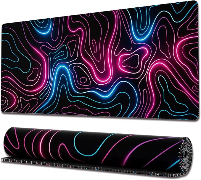 Ovenbird Gaming Mouse Pad with Stitched Edges, Topographic Map Pink Extended XL Mousepad with Anti-Slip Base, Cool Neon Large Mouse Pad for Desk, 31.5 x 11.8 in, Pink and Blue