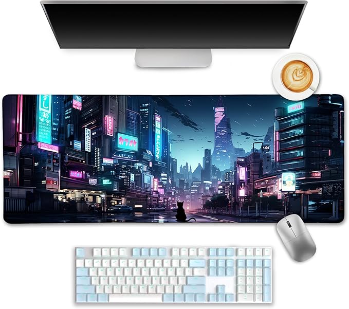 Cyberpunk Mouse Pad, Japanese Anime Cat Desk Mat, Neon Tokyo Extended Gaming Mouse Pads for Desktop Computer Laptop Office Work Game Home, 31.5x11.8 in