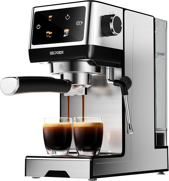20Bar Espresso Machine with Milk Frother Cold Brew, Expresso Coffee Machine for Home, Compact Espresso Machines Small Kitchens, Cappuccino Latte Maker, 45oz Removable Water Tank, Touchscreen, Silver